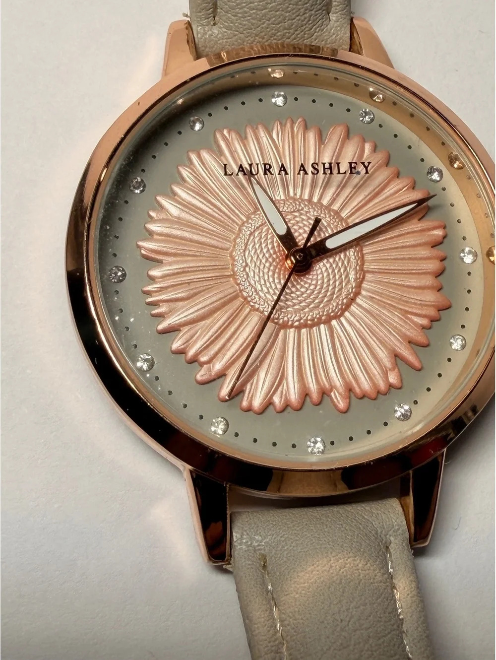 Laura Ashley Women's Floral Dial Watch Rose Gold with Beige Leather Strap